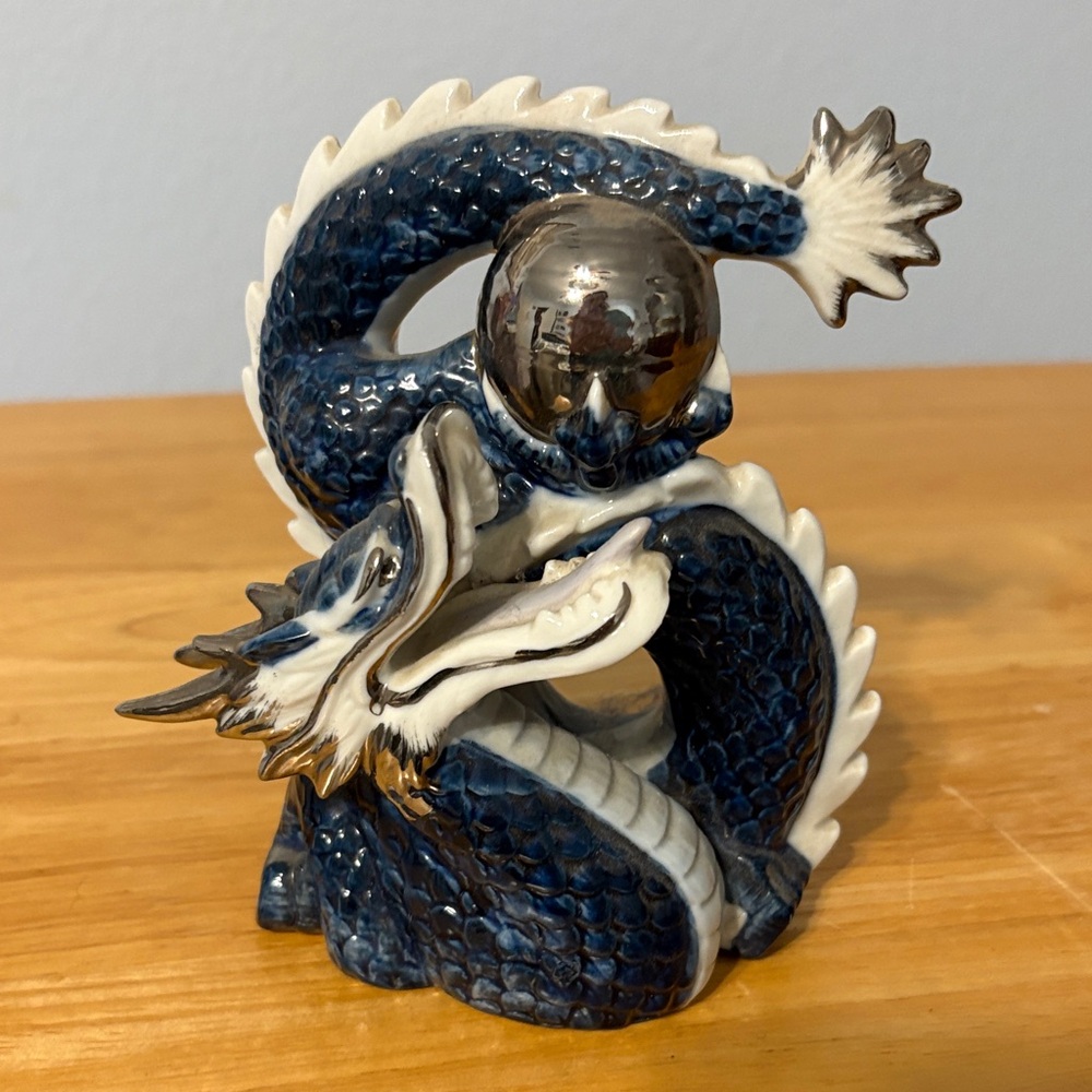 Mystical Blue and Silver Ceramic Dragon Sculpture